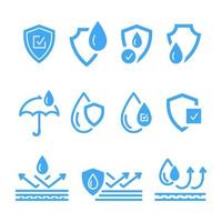 Waterproof icons such as shield, umbrella, liquid resistant layers, water drops vector