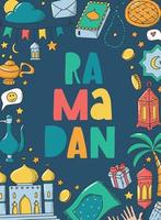 Colourful Ramadan greeting card, poster, print, invitation, sign, template decorated with doodles and typography quote on dark blue background. Eps 10 vector