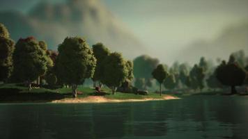 Cartoon Green Forest Landscape with Trees and lake