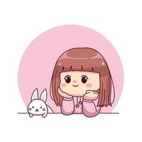 Cute and kawaii girl with pink hoodie bunny and cute rabbit cartoon manga chibi character vector