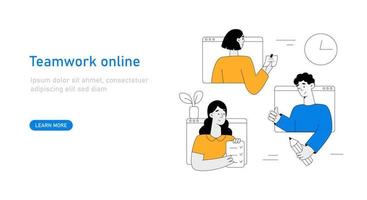 Business people characters work together online. A man and a woman sign a contract. Team metaphor and business solution. Teamwork concept. Outline vector illustration