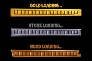 Textured loading interface buttons golden, stone, wooden. Set of download icons for the game. vector