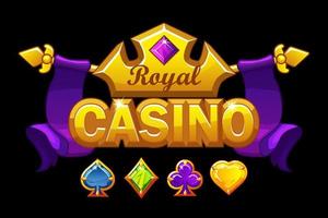 Casino logo banner with golden crown and treasure. Royal gambling background with precious stones game card symbols. vector