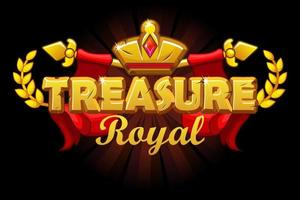 Royal treasures banner with golden crown and logo. Background with the inscription and a red ribbon. vector