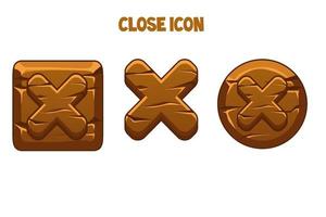 Wooden brown buttons or icons close for interface. Set of icons with crosses for a game or menu. vector