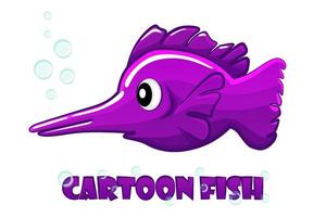 Cartoon purple swordfish swims in the water. Cute bright colorful fish on a white background and the inscription. vector