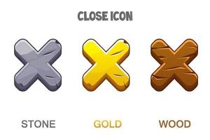 Set of icons close the golden, wooden and stone cross mark. Buttons of different material for the menu and interface. vector