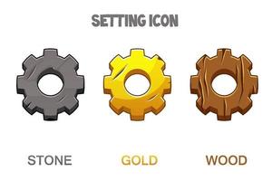 Set of gear settings icons gold, wooden and stone. Buttons of different material for the interface. vector