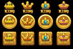 Set of golden round and square app icons with crowns. Crowns and logos of various shapes with diamonds. vector