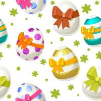 Seamless textured pattern of different eggs for Easter Day. Background of colorful eggs with bows for wrapping paper, wallpaper.