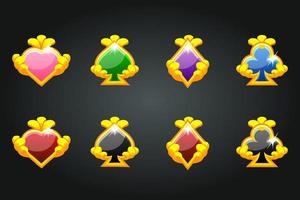 conjunto de iconos de símbolos de póquer de naipes. signos de cartas en un marco dorado. vector