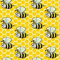 Seamless pattern of cartoon bees on honeycombs. Textural background for wrapping paper, wallpaper.