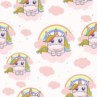 Seamless textured pattern with square unicorns on a cloud with a rainbow. Cute background for wallpaper. Sweet unicorns. vector
