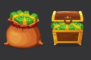 Full bag, bag and chest of money. Set objects of wealth in a closed chest or box. vector