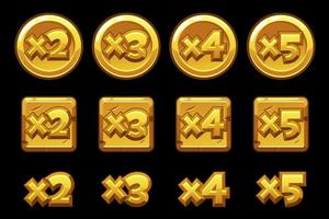 Gold bonus numbers on squares of round boards. Set of gold multiplied numbers for the game. vector