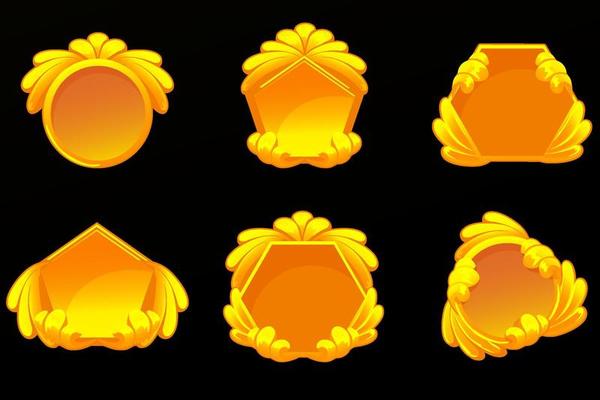 Set of bright shiny gold template for jewelry. Gold frames or forms of various shapes.