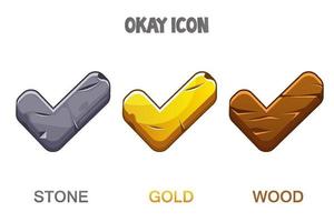 conjunto de iconos de marca de verificación dorado, madera de piedra. los íconos están bien para reproducir material diferente. vector