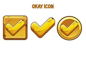 Set of gold icons okay with a check mark. Golden buttons round and square for interface or game. vector