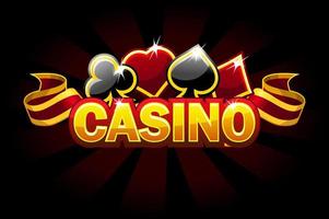 Casino background logo with game card signs. Golden gambling inscription for banner. vector