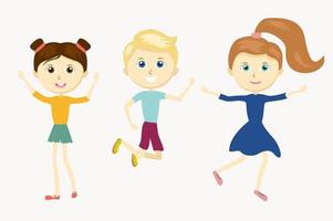 Group of happy cute character jumping kids. Beautiful cartoon children go in for sports. vector