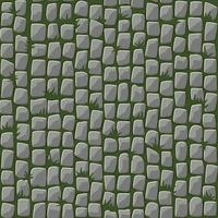 Seamless pattern of cobblestone street paving with grass. Background of gray pebbles on the path. vector