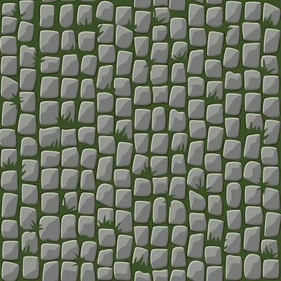 Seamless pattern of cobblestone street paving with grass. Background of gray pebbles on the path.