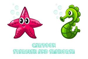 Cartoon colorful seahorse and starfish and inscription. Cute sea animals swim in the water. vector