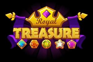 Treasure logo banner with golden crown and gem. Royal background with diamonds of different shapes. vector