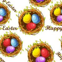 Seamless textured pattern of nests with eggs for Easter Day. Background of multi-colored eggs and inscriptions Happy Easter. vector