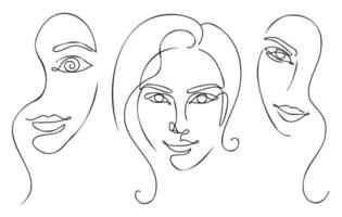 Minimal design, black and white line art sketch, outline woman portrait illustration set. Abstract thin contour thin face line art collection. vector