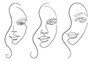 Outline woman face illustration set. Collection of line art female portraits. Trendy drown sketch icon with face line art. Abstract continuous single linear vector illustration.