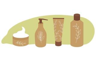 Eco cosmetics skin care kit. Cream, soap, lotion in jars and tubes. Isolated vector illustration. Clipart for spa treatments for face and body.