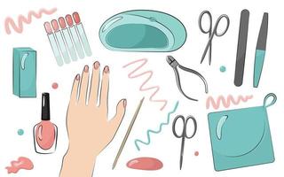 Manicure tools and women's painted nails. Nail file, scissors, clippers, nail Polish. A set of vector illustrations isolated.