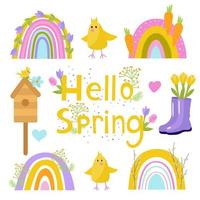 Set of Hello Spring. Bright spring rainbows decorated with flowers, carrots, rubber boots, willow, chickens, birdhouse. Design for children, postcards, printing on paper or fabric. vector