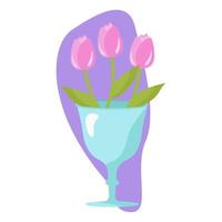 Pink tulips in a vase in a glass. Vector illustration for design, printing on paper or fabric. Isolated.