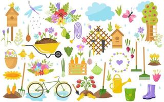Gardening, spring set. Tools, flowers, wheelbarrow, trees, birds, birdhouse, watering can, bicycle, apple tree. For printing on fabric, paper, postcards, invitations. Vector illustration.