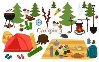 Camping, hiking in the woods, a set of elements in a hand-drawn style. Tent, fire, barbecue, trees, thermos, grill, flashlight, boots, compass. Vector illustration.