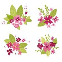 Bouquets of garden flowers. Beautiful compositions with different leaves. Vector illustration isolated. For greeting cards, printing on fabric.