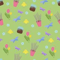 Easter seamless pattern with willow, tulips, chickens, cakes. Texture for spring decor. Vector illustration