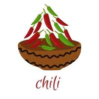 Green and red chili peppers in a brown plate vector