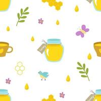 patrón impecable con tarros de miel, tazas, flores, panales. ilustración vectorial para fondo, impresión en papel o tela, diseño o decoración vector