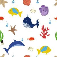 Seamless pattern with the inhabitants of the underwater world. Marine life, dolphin, whale, shells, fish, algae, corals. Vector illustration. For the decoration of the nursery.