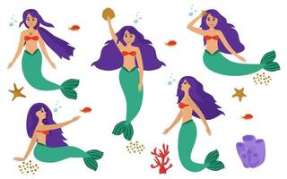 sirenas, hermosas chicas lindas con cabello morado. conjunto de vectores ilustración aislada.