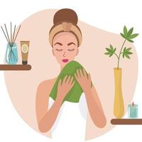 Girl washes in the bathroom, wipes her face with a towel. On the shelves are cream, aroma sticks, cosmetics, a candle, a flower in jars and tubes. Vector illustration isolated.