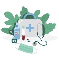 Medical vector illustration. First aid kit, stethoscope, antiseptic, test tube. Isolated.