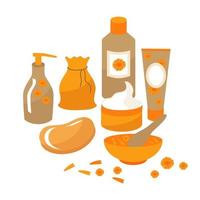 A set of cosmetics with calendula for skin care, spa treatments for face and body. Cream, soap, lotion in jars and tubes. Vector illustration for labels, banners, advertisements