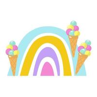 Spring rainbow, decorated with colorful ice cream in a waffle cone. Design for children, postcards, printing on paper or fabric. Vector illustration isolated.