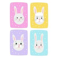 Tags and labels, cute spring bunny faces. Design for children, postcards, printing on paper or fabric. Vector illustration isolated.