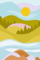 Abstract minimalistic poster. Spring, lavender fields, sun, mountains, forest and river. Vector illustration for printing on paper, fabric.