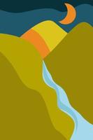 Abstract minimalistic poster. Night, crescent moon, mountain river, forest. Vector illustration for printing on paper, fabric.